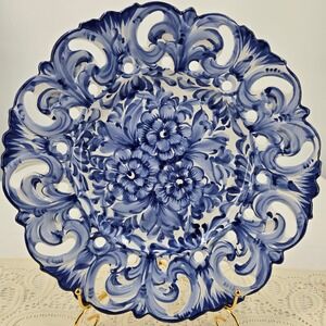 Vestal Alcobaca Portugal Wall Plate Hand Painted Blue White Floral Reticulated